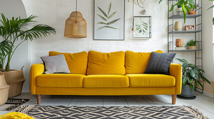 Yellow Couch in Living Room With Potted Plants