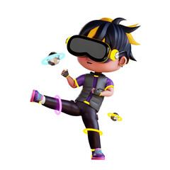 3d cute boy play fight game in metaverse