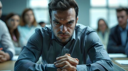 Naklejka premium Nervous Professional Fidgeting in Tense Corporate Meeting with Colleagues in Muted Office Setting