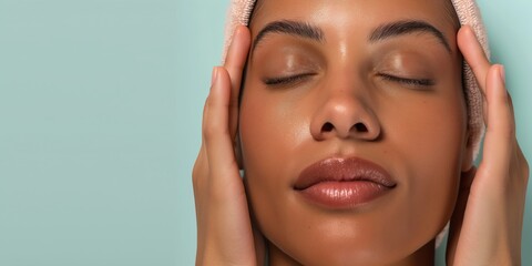 A serene woman with eyes closed enjoys a moment of relaxation and self-care, her peaceful expression suggesting tranquility and wellness
