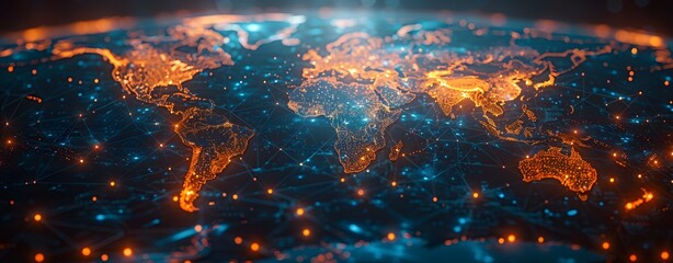 A Blue Light World Map with Glowing Networks