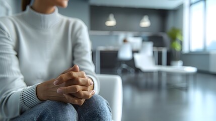 Person Fidgeting Nervously During Job Interview in Modern Office Interior with Muted Color Scheme and Shallow Depth of Field