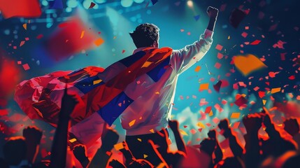 Illustrate a triumphant athlete standing atop the winners podium, draped in their national flag as the crowd erupts in applause