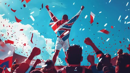 Illustrate a triumphant athlete standing atop the winners podium, draped in their national flag as the crowd erupts in applause