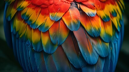 Obraz premium Imagine a closeup of a scarlet macaws vivid feathers, highlighting the intricate patterns and colors inside an aviary