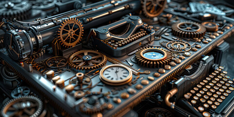 Industrial Steampunk Desk: An edgy, metal desk adorned with gears, clock faces, and vintage typewriters, adding a unique touch to a creative space