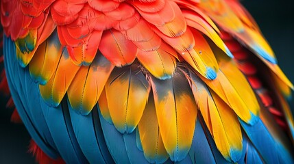 Fototapeta premium Imagine a closeup of a scarlet macaws vivid feathers, highlighting the intricate patterns and colors inside an aviary