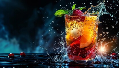Imagine a cocktail with a dramatic splash, vivid colors of the liquid contrasted against a dark background with promotional space