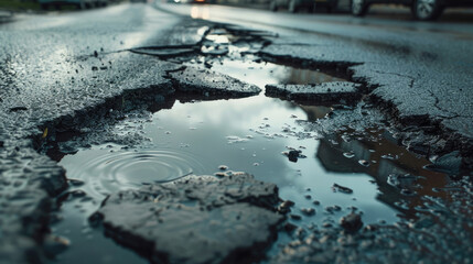 Fototapeta premium Potholes and Puddles on Worn Asphalt