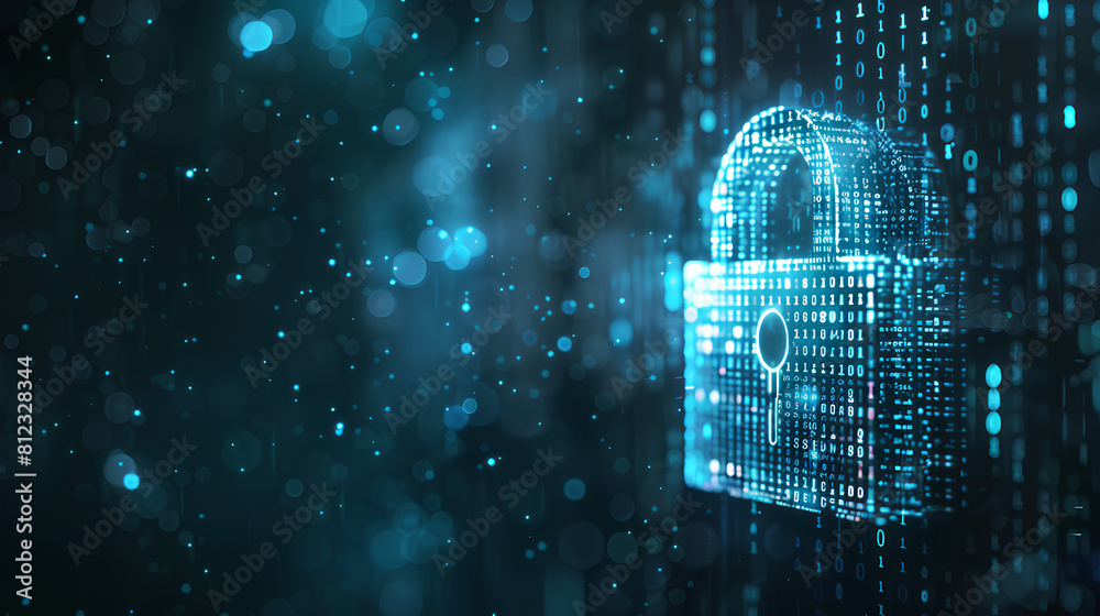 Poster digital padlock on abstract cyber security technology blue background with binary code