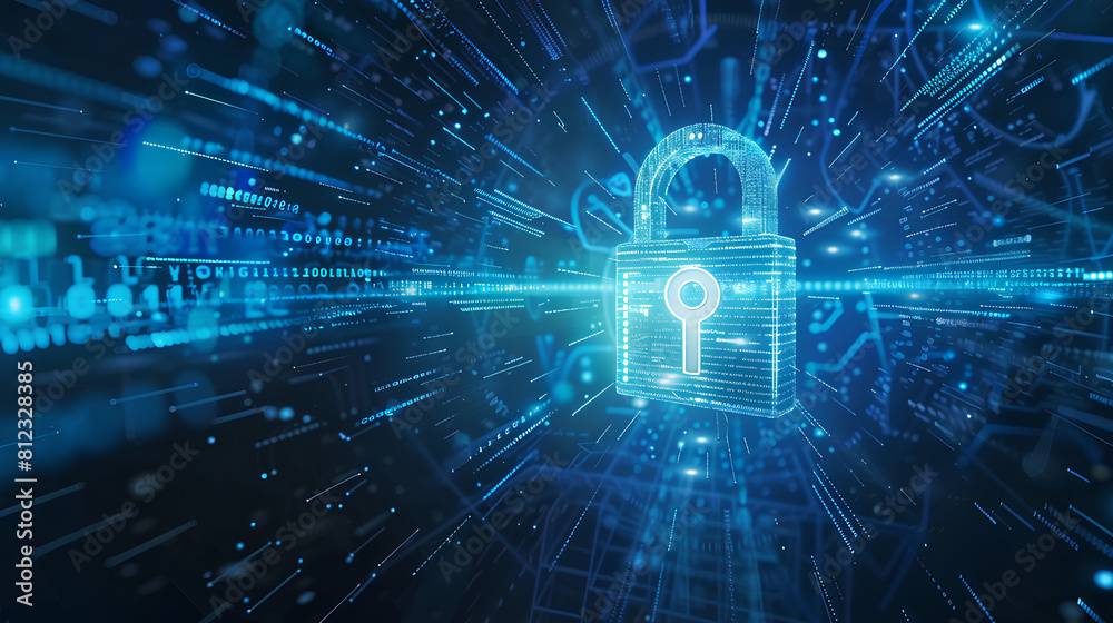 Poster digital padlock on abstract cyber security technology blue background with binary code