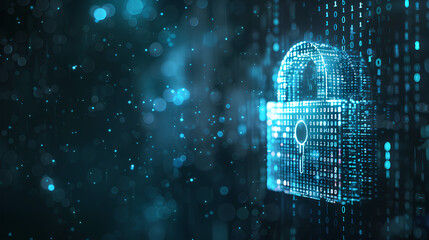 digital padlock on abstract cyber security technology blue background with binary code