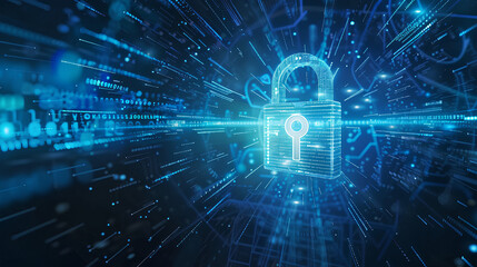 digital padlock on abstract cyber security technology blue background with binary code