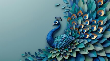 paper-cut-style background Peacock in full display , texture and shadow, fashion photography, space for text, 8k.