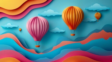 Fototapeta premium paper-cut-style background Hot air balloons , texture and shadow, fashion photography, space for text, 8k.