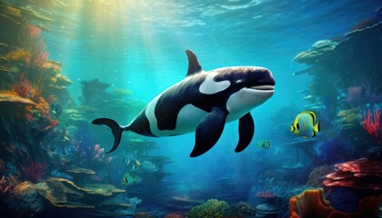 Obraz premium The Orcinus Orca in the ocean, portrait of Orca hunting prey in the underwater