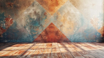 Abstract grunge background with triangle shapes and wooden floor.