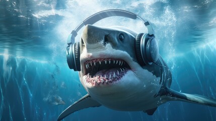 Great White Shark Wearing Sunglasses And Headphones - Generative AI