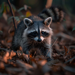 Fototapeta premium Raccoon foraging on the forest floor