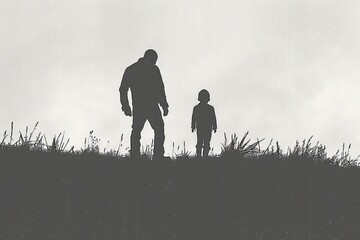 Father and Child Silhouette Standing on Hill. Generative AI