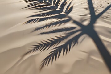 palm leaf shadow on abstract white sand beach background, sun lights on water surface, beautiful...