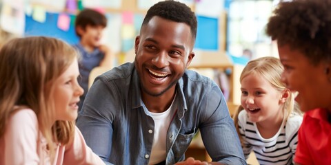 A cheerful teacher happily interacts with young students in a colorful primary school classroom