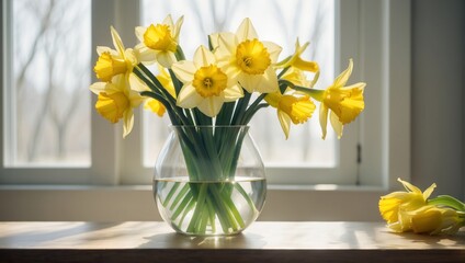 Sunlit Daffodils in a Beautiful Vase on a Cozy Window Sill