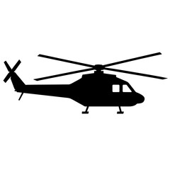 a helicopter vector silhouette, in black colour, against a white background