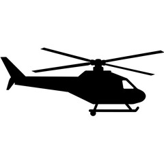 a helicopter vector silhouette, in black colour, against a white background