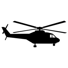 a helicopter vector silhouette, in black colour, against a white background
