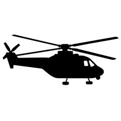 a helicopter vector silhouette, in black colour, against a white background