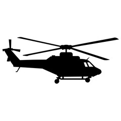 a helicopter vector silhouette, in black colour, against a white background