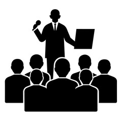 a presenter talking in front of an audience. vector black colour silhouette