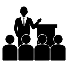 a presenter talking in front of an audience. vector black colour silhouette