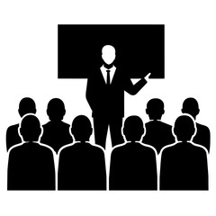 a presenter talking in front of an audience. vector black colour silhouette