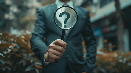 Problem analysis, analyze information to find solution or answer, solving problem or trouble, challenge to think overcome difficulty concept, businessman analyze question mark with magnifying glass