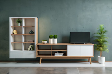 Minimalist TV stand with open shelving.