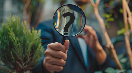 Problem analysis, analyze information to find solution or answer, solving problem or trouble, challenge to think overcome difficulty concept, businessman analyze question mark with magnifying glass