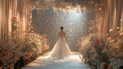 The newest wedding fashion is showcased in catwalk presentations at bridal expos, which take place on a delicate, flower-decorated stage in a beautiful, dreamy environment.