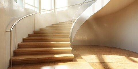 Warm sunlight casting on a modern wooden staircase with a glass railing