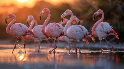 Naklejka premium Colorful flamingos in the water with rippling reflections. 