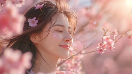 Fototapeta premium Young Woman Enjoying Spring Cherry Blossoms