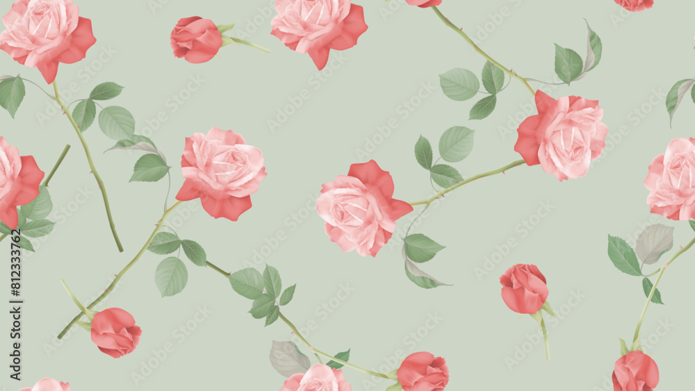 Wall mural floral seamless pattern, pink and red roses on green background