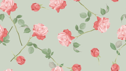 Floral seamless pattern, pink and red roses on green background