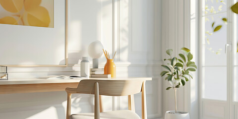 Scandinavian Study: A minimalist design with white walls, blonde wood furniture, and pops of color through accessories, creating a calm and focused environment for studying or working.