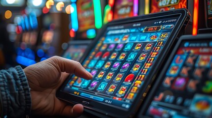 A hand reaching for a smartphone showing a fantasythemed 3D slot machine game on the screen, with colorful reels