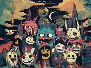 Eclectic Ensemble of Exaggerated Cartoon Monsters in a Moody Abstract Fantasy Landscape
