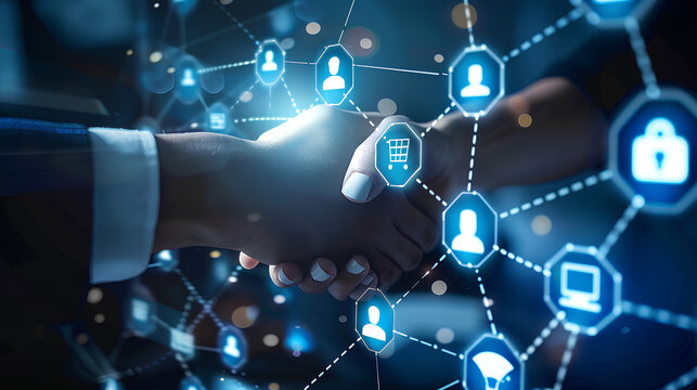 Show icons of a database, handshake, and customer support, representing CRM systems and customer relationship management strategies