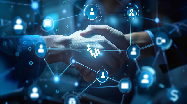 Show icons of a database, handshake, and customer support, representing CRM systems and customer relationship management strategies