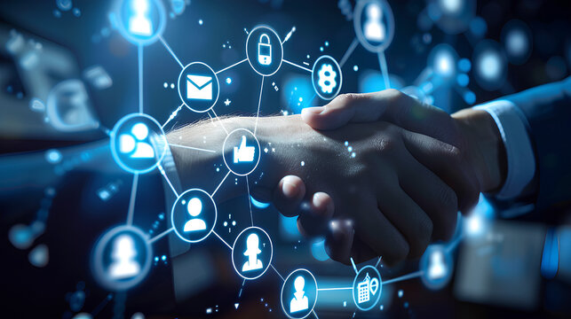 Show icons of a database, handshake, and customer support, representing CRM systems and customer relationship management strategies